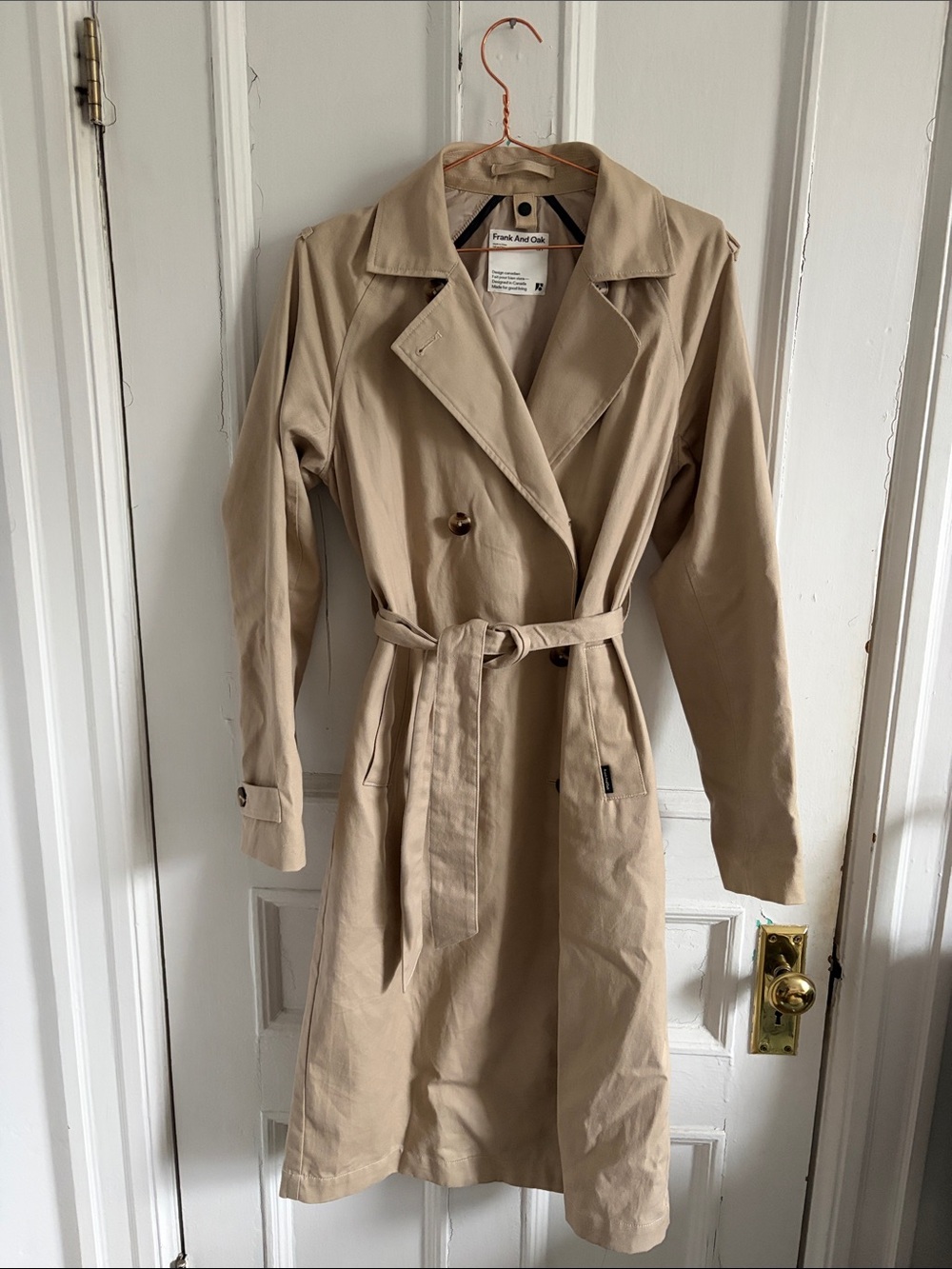 Frank & Oak Khaki Double-Breasted Trench Coat with Belt
